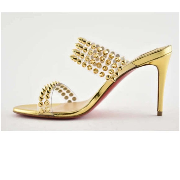 Christian Louboutin Spikes Only 85 Gold PVC Slide Mule Open Sandal Heel Pump 35 - Picture 9 of 10